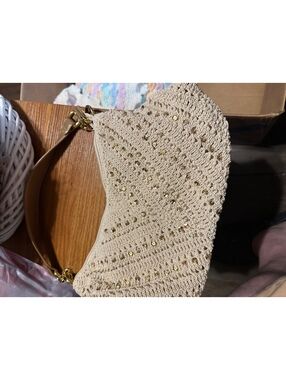 Beige Crochet Handbag with Gold Sequins and Leather Strap